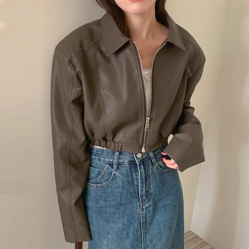 Chic American Sle PU หนัง Jaet ort หลวม Fit ยาว Sve ซิปผู้หญิงเสื้อแจ็คเก็ต Faion เดินทางสวมใส่