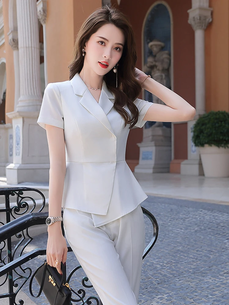 White Short Sleeve Suit Set for Women Summer Professional Jewelry Store Front Desk Work Uniform Stylish Business Lady Style