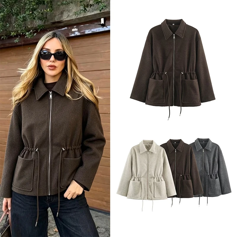 Guobioziy 2026 Fall Drawstring Waist Zip-Up Jacket Minimalist Lapel Loose Fit Adjustable Belt Everyday Commuter Casual Fashion