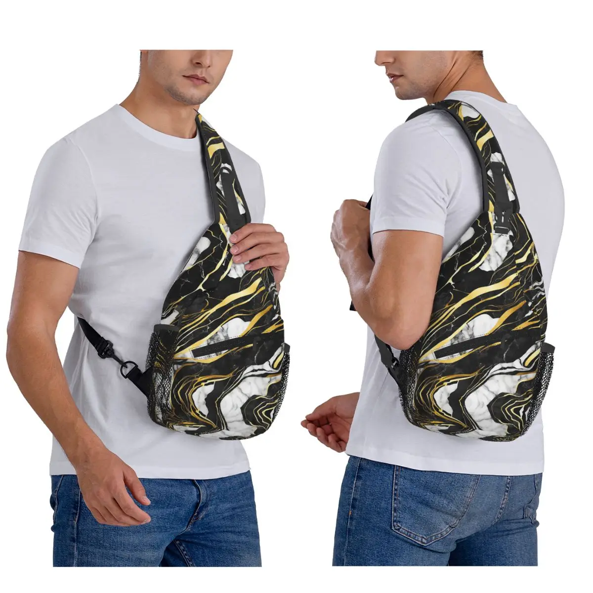 Black Marble Surface Pattern Chest Bag Men Sling Crossbody Backpack Chest Bag Traveling Hiking Daypack Shoulder Bag