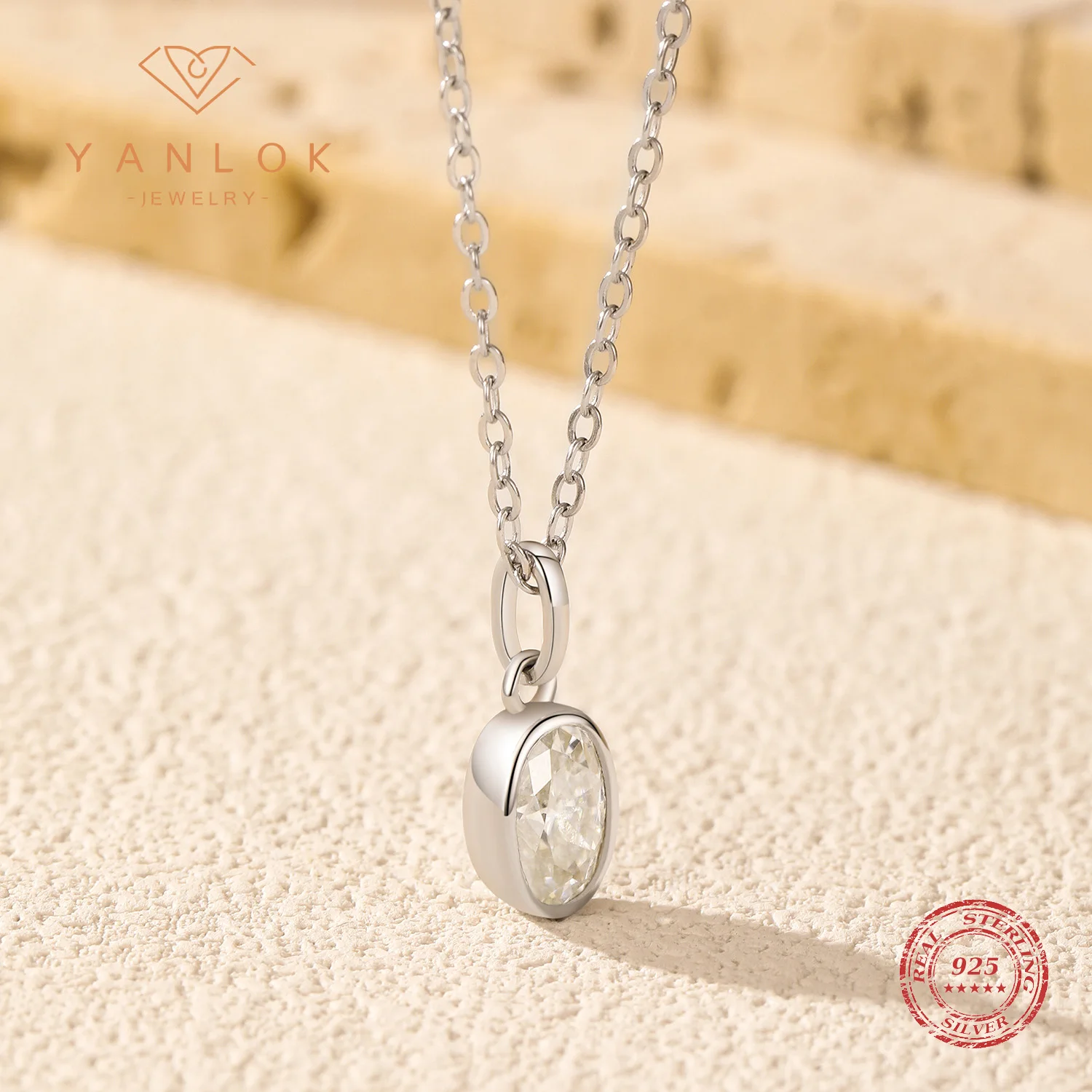 YANLOK Simple Link Chain Necklace 925 Sterling Silver Sparkle Oval Moissanite Pendant Necklace For Women Fine Jewelry