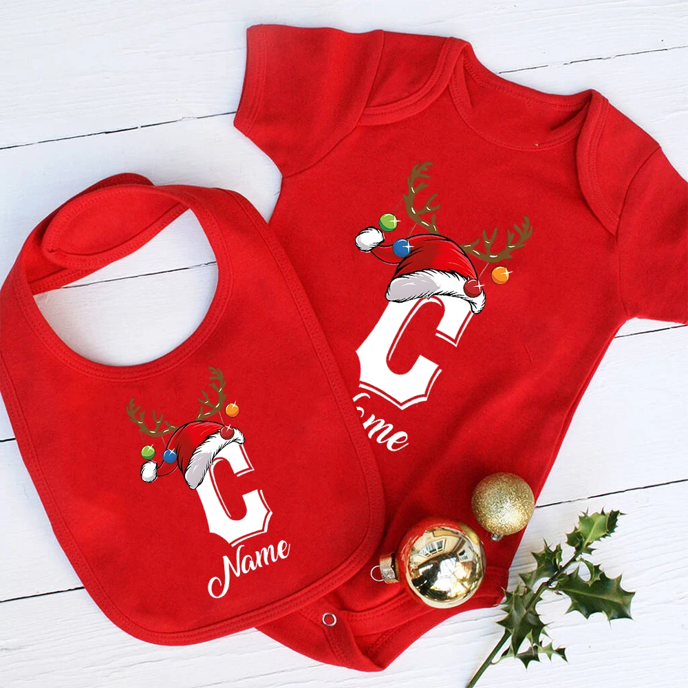 Personalized Christmas Baby Bib & Bodysuit Initial with Name Newborn Cotton Romper + Bibs Cute Xmas Party Toddler Outfits
