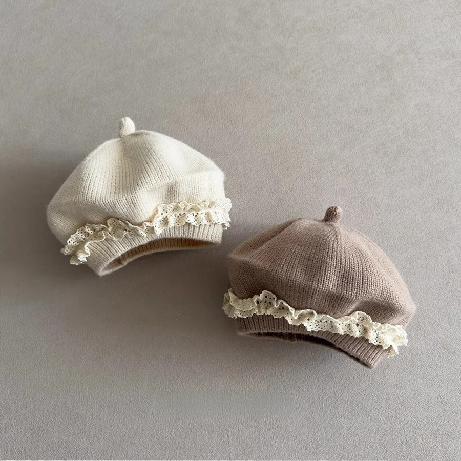 New Baby Hat Girls Knitted Bonnet  Baby Beret Lace Ruffled Children's Pullover Autumn Winter Versatile Soft Cotton Knitted Hat