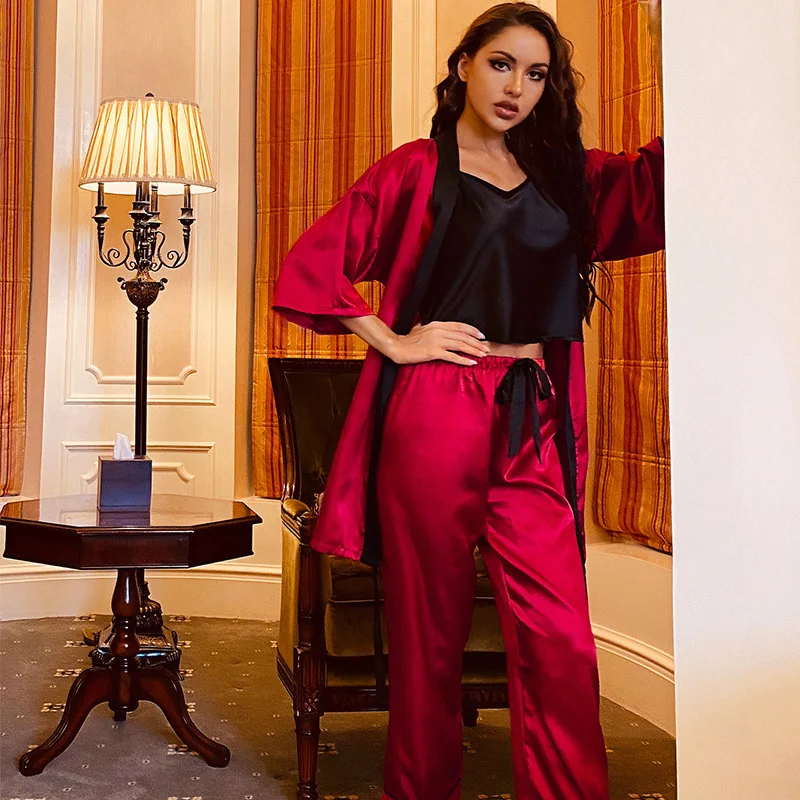 Satin Three Pieces Robe Gown Set With Pants Red Bride Pajamas Pour Femme Lace Up Home Clothes Nightwear Suit For All Seasons