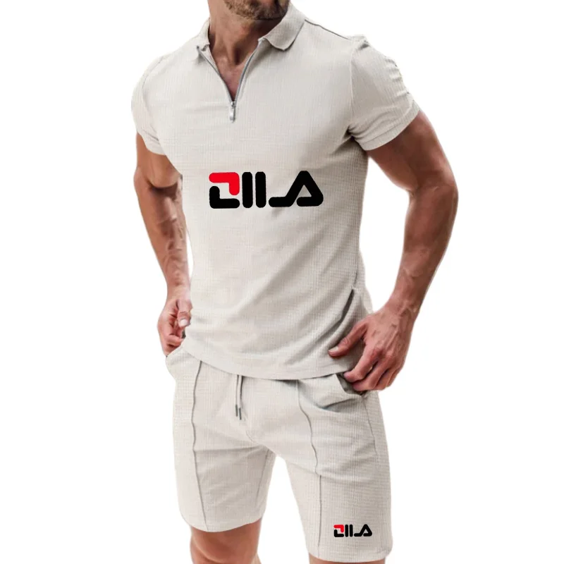

This breathable men's summer short set is specially designed for teenagers and features a collar and a half-zip design.