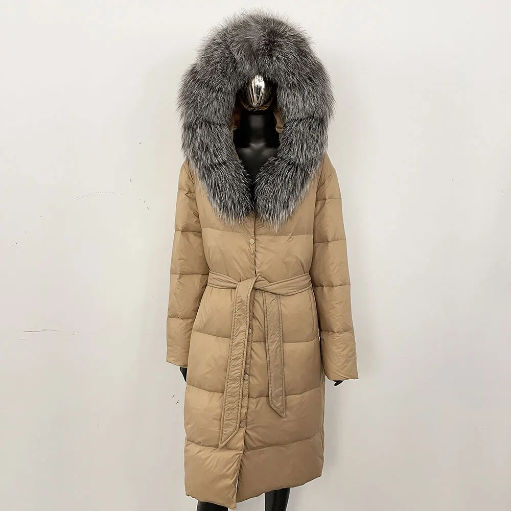 

Большой натуральный мех енота с капюшоном, элегантное белое пальто на утином пуху, женское зимнее длинное пуховое пальто, парки, женские толстые куртки из натурального меха