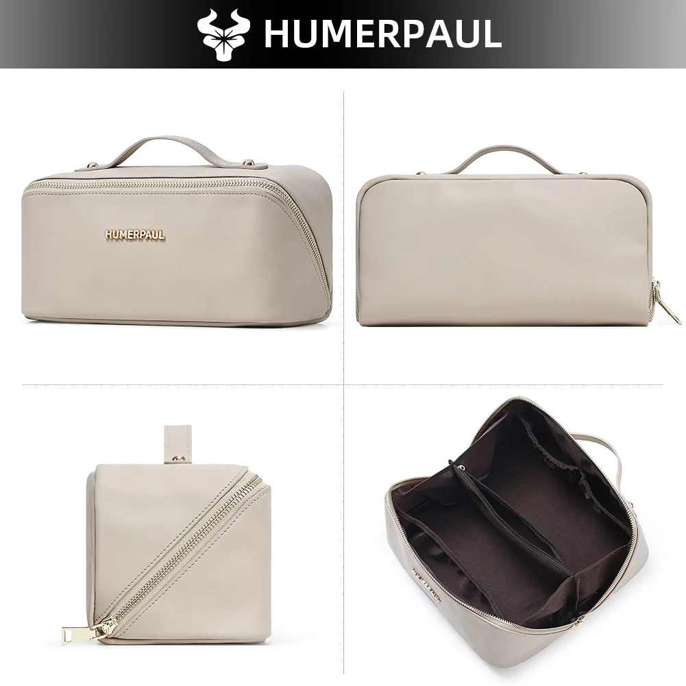 HUMERPAUL Women Full Grain Leather Makeup Bag Portable Travel Cosmetic Organizer with Top Handle Large Capacity Toiletry Bag - view 4