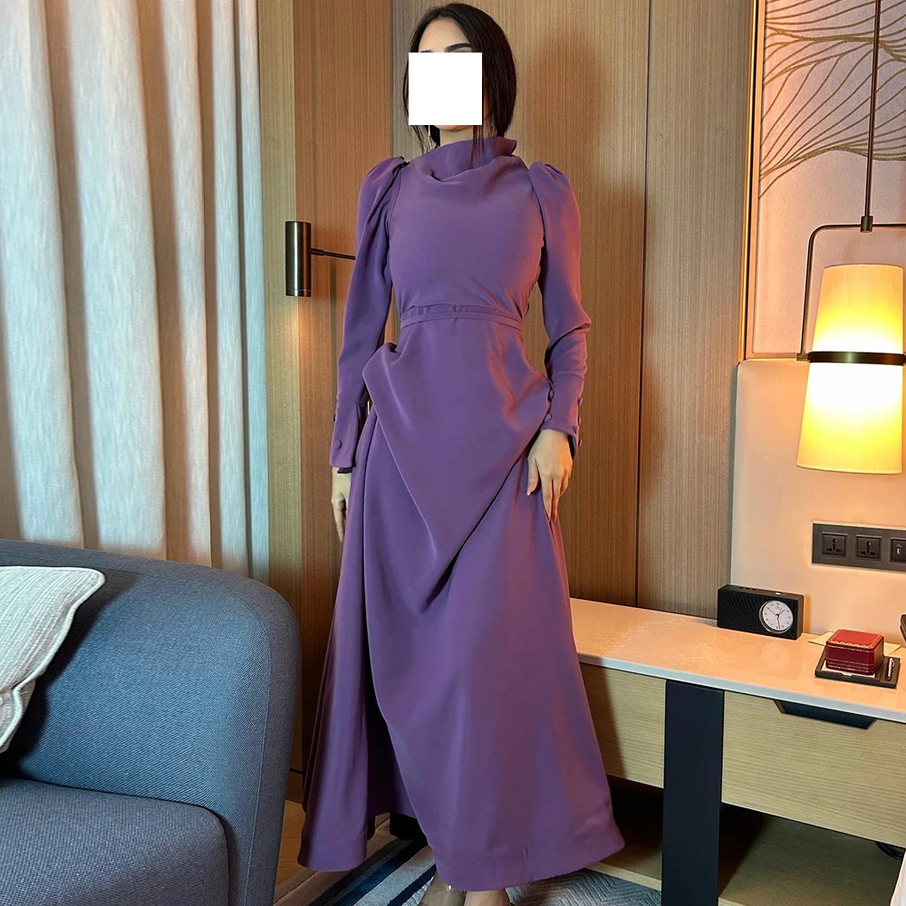 

Elegant Party Dresses Woman Straight Jersey Long Sleeves High Neckline Tea Length Pleats Solid Purple Special Occasion Gowns