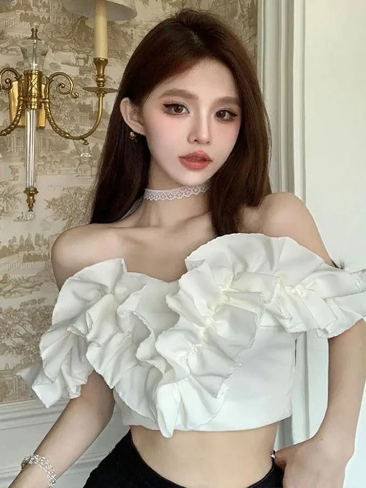 

Короткие топы с вырезом и оборками, женские сексуальные рубашки с открытыми плечами, облегающие рубашки с открытой спиной, 2026, новая мода, шикарная блузка Y2k