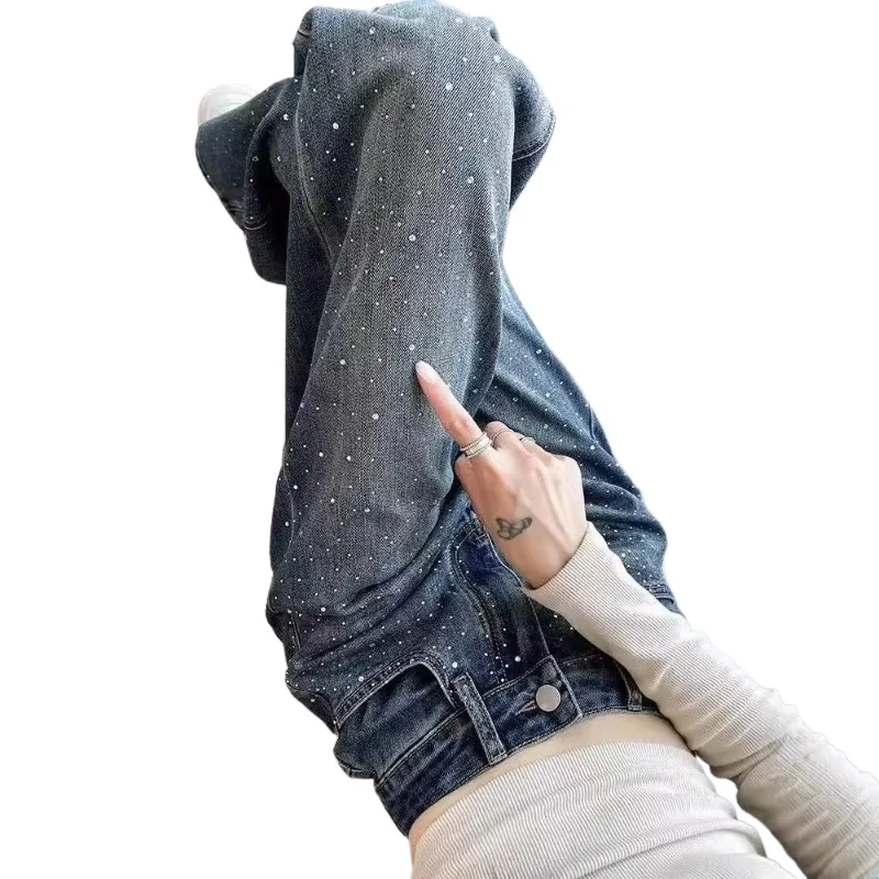 Rhinestone Wide-Leg High-Waist Slimming Loose Casual Jeans for Women with a Sense of Design High Street Straight Pants