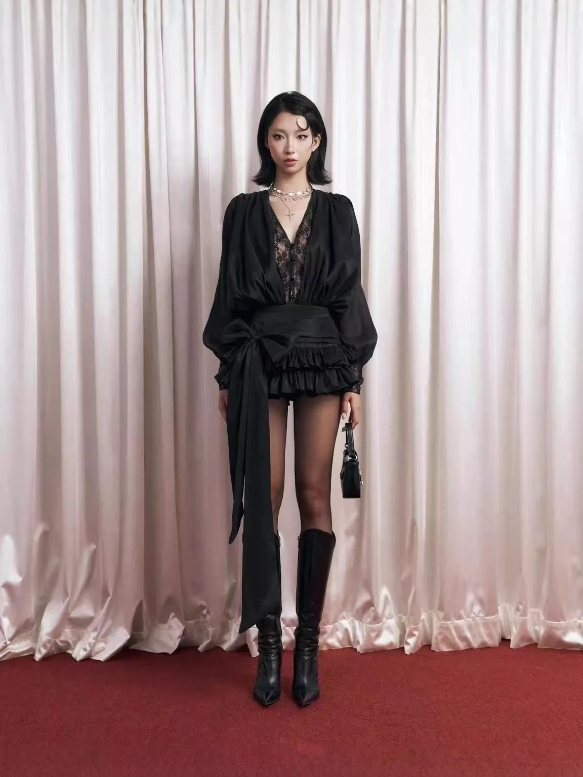 

Evasinne Faionable Hot Girl Long Sve Puffy ort Skirt with Waist Bowknot High Waist Zipper Sle Deep V Ne Evening Dr