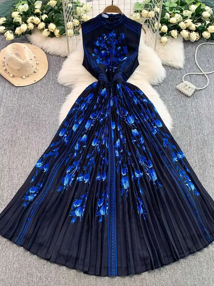 

Fashion Elegant Pleated Floral Maxi Dresses For Women Summer Autumn Long Sleeve Vintage Casual Dress Female