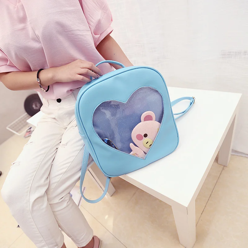 Cute Ita Bag Small Backpack Candy Color PU Transparent Love Heart Shape Backpacks Kawaii Harajuku Schoolbags for Teenage Girls