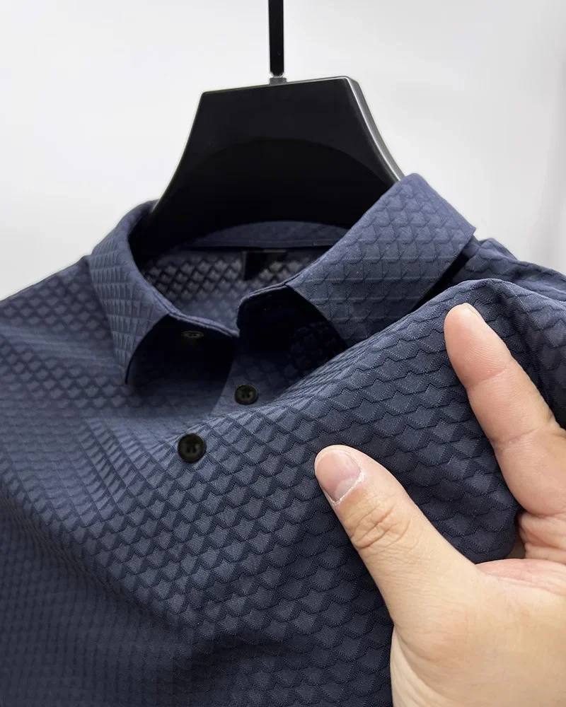 Camisa polo de seda gelo manga curta masculina, camiseta de malha high-end, pulôver respirável, cor sólida, esportes de lazer, alta qualidade