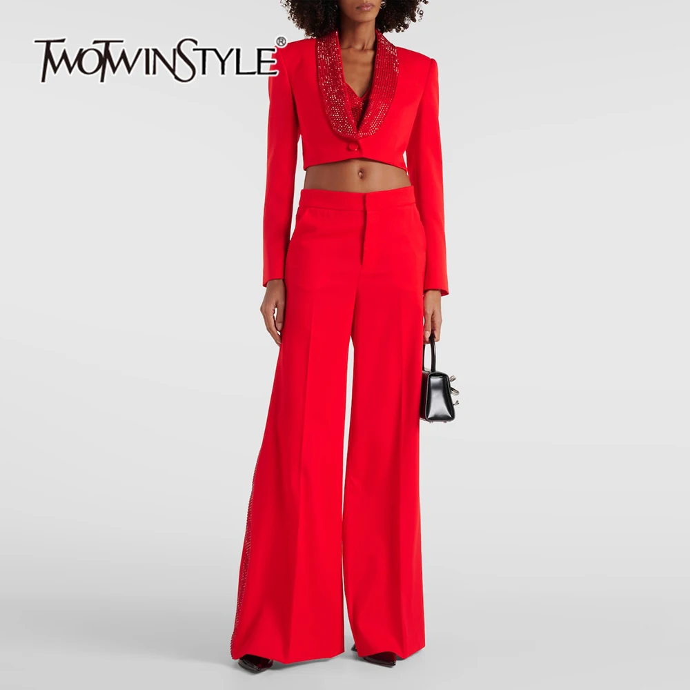 

TWOTWINSTYLE Solid Formal Two Piece Set For Women Notched Collar Crop Top High Waist Pant Chic Sets Female KJA8A1341/KPA502458