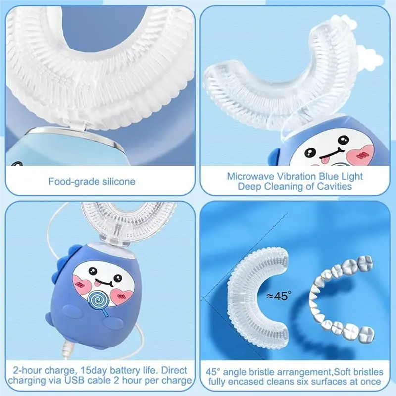[B25B!】 Kids Electric Toothbrush U Shaped, 360° Ultrasonic With 3 Speeds,Blue