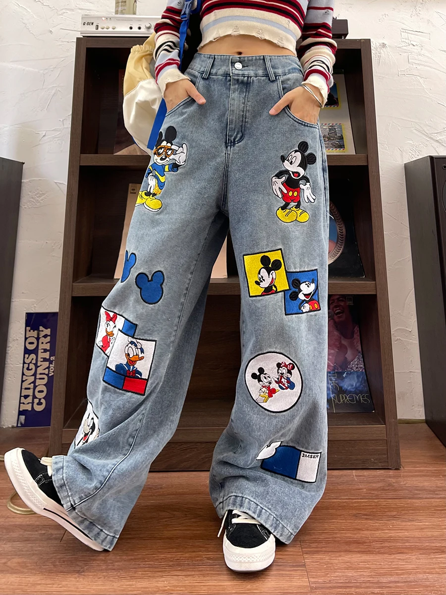 Funny Cartoon Embroidered Jeans for Women 2024 Spring New Loose American Fashion Brand Wide Leg Trousers Blue Jeans