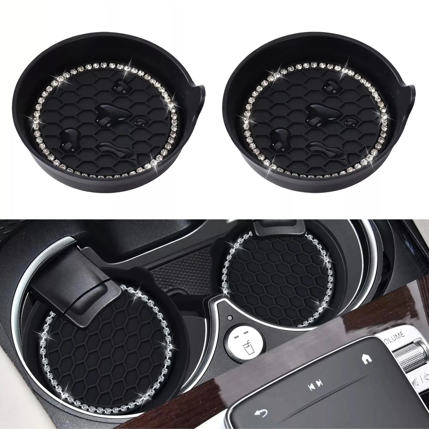 8cm Black Soft Silicone Car Bling Rhinestone Cup Coaster Anti-Slip Round Cup Holder Waterproof Car Interior Accessories 2Pcs