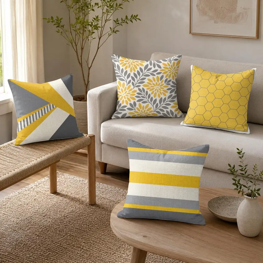Yellow Gray Geometry Cushion Cover Organic Linen Throw Pillow Cover - Double-Sided Print Breathable Cushion Case Home Decor