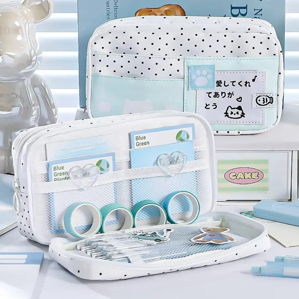 New Cat Pattern Pencil Case Blue Polka Dot Multi-Layer Pen Bag Multi-compartment Cute Pencil Bag For Students