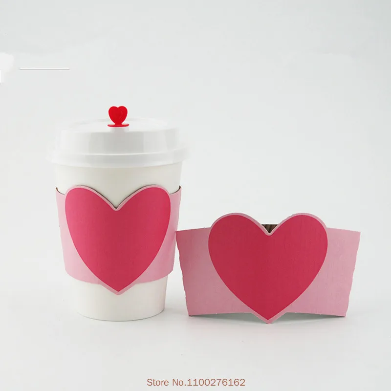 

100pcs High Quality Heart Shape Kraft Paper Insulated Cup Cover 400ml 12oz Disposable Coffee Tea Cold Hot Drink Cups with Lids