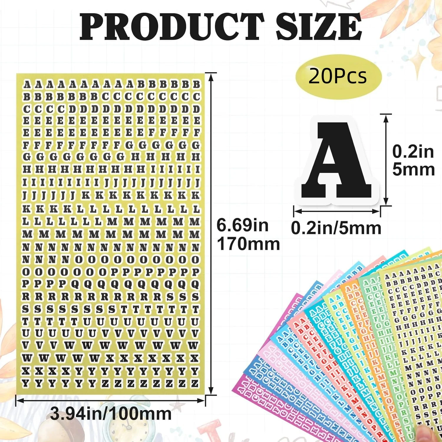 Letter Stickers Small A-Z, 20 Sheets 0.2 Inch Waterproof Mini Alphabet Stickers, PET Self Adhesive Stick on Letters for Scrapboo