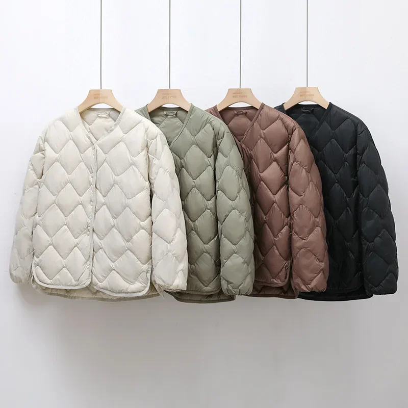 Female Ultra Light Down Jacket Women's Collarless Light Down Jacket Liner Rhomboid V-Neck Loose Slim White Duck Short Jacket