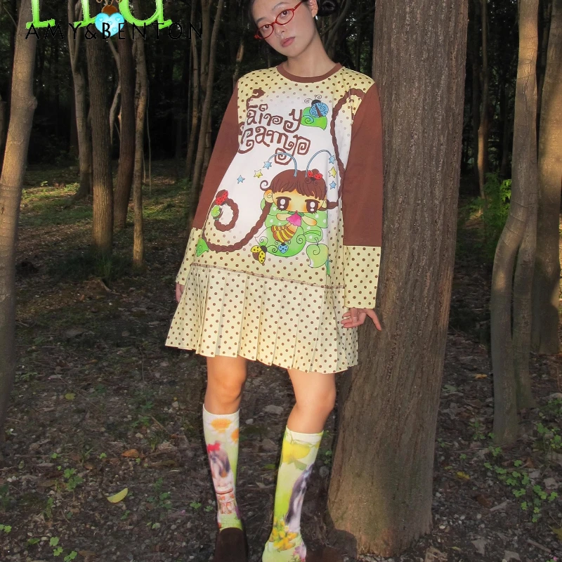 

Autumn New Cartoon Anime Print Casual Y2K Beige Pleated Women's Dress Original Design Loose Slimming Age-Reducing Dresses Ladies