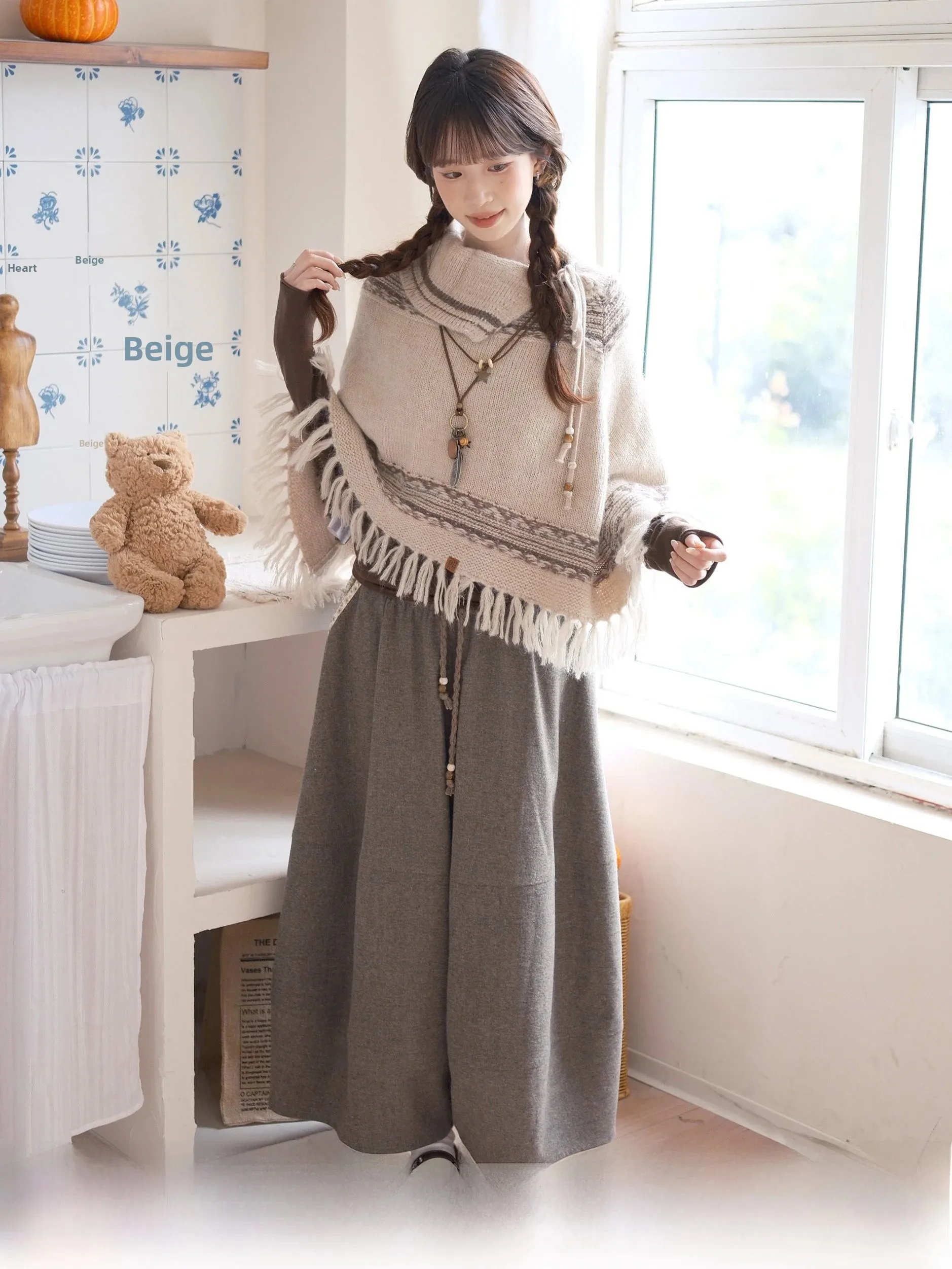 Saotome Early Girl Vintage Floral Patchwork Loose Waist Autumn Winter Woolen Seven-Quarter Pants Versatile Ladies Trousers