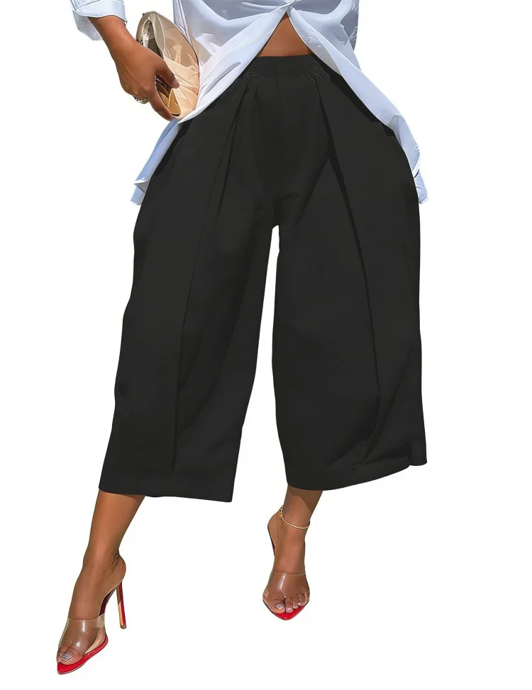 Yeezzi 2026 Neue Damen Elastische Hochgeschnittene Plissierte Weite Capri-Hose Einfarbige Lässige Alltags- und Büro-Baumwoll-Culottes – Detail 9