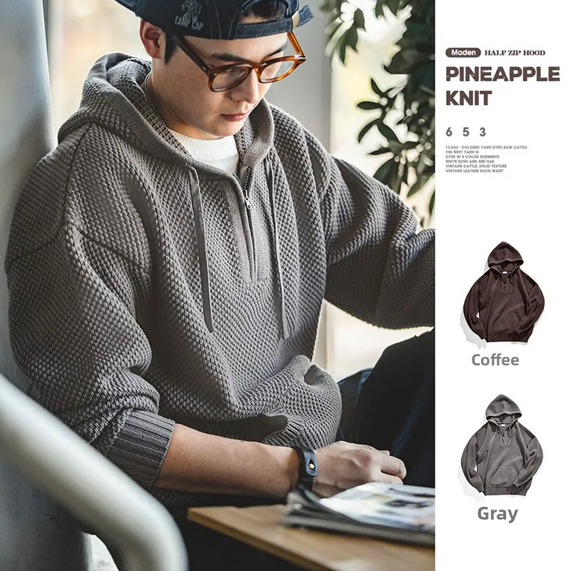 

Мужской утепленный вязаный свитер Maden с узором «сосна», на молнии, с капюшоном, осенне-зимний, повседневный, с длинным рукавом, круглым вырезом