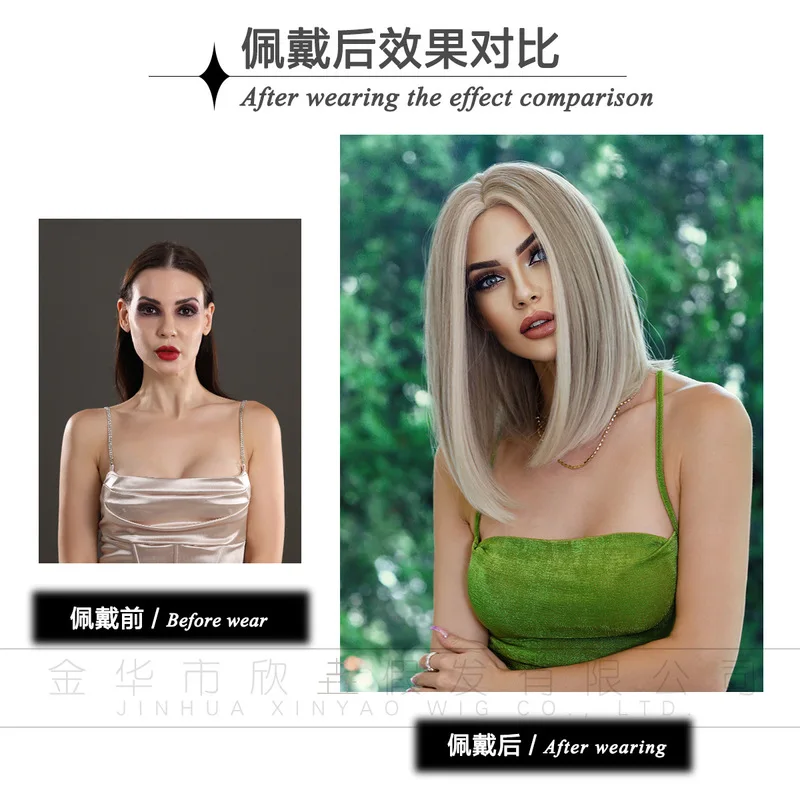 Hand-woven small lace wig for women, golden shoulder-length straight with baby hair bangs, highlighted synthetic fiber bob