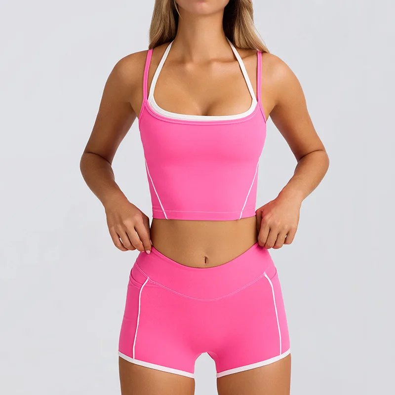 Pmwrun Summer Sports Vest Shorts Suspender Bra Beauty Back Pilates Skinny High Elastic Fitness Running Yoga Set