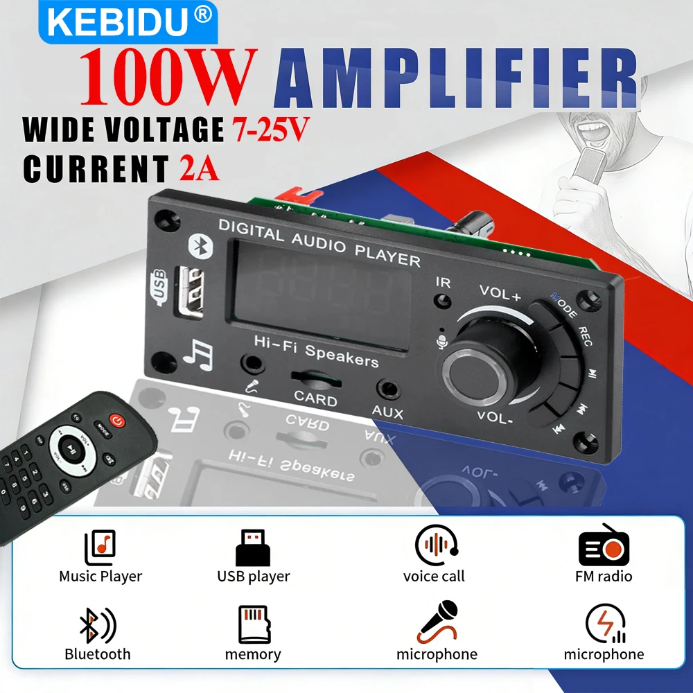 KEBIDU 100W Amplifier Bluetooth 5.0 MP3 WAV Decoder Board DC 12V MP3 Player Car Audio Module LED Screen Mic TF FM USB Recording