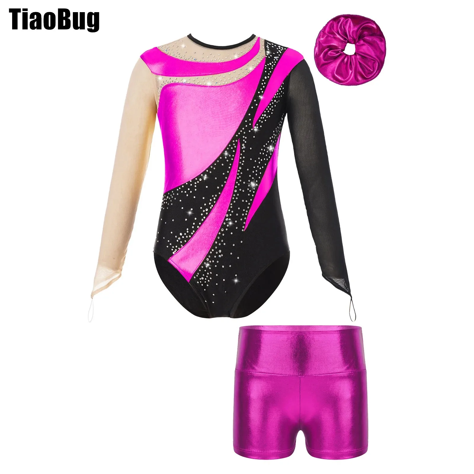 

Kids Girls Metallic Gymnastic Dance Outfit Mesh Long Sleeve Keyhole Back Shiny Leotard with Metallic High Waist Shorts Hair Band