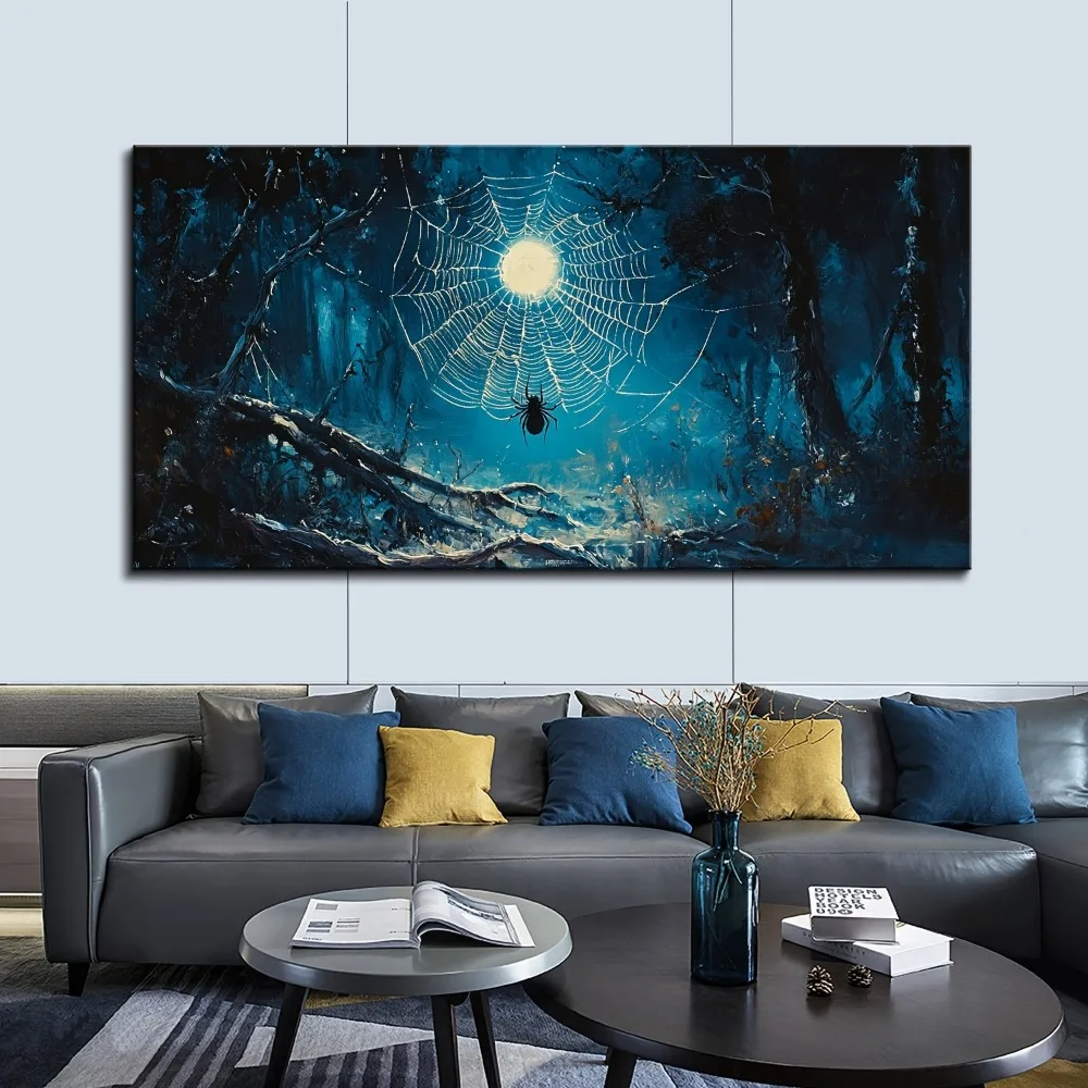 1.5 inch thick pine solid wood frame,Horror forest spider wood frame mural home canvas wall art decoration,horror style painting