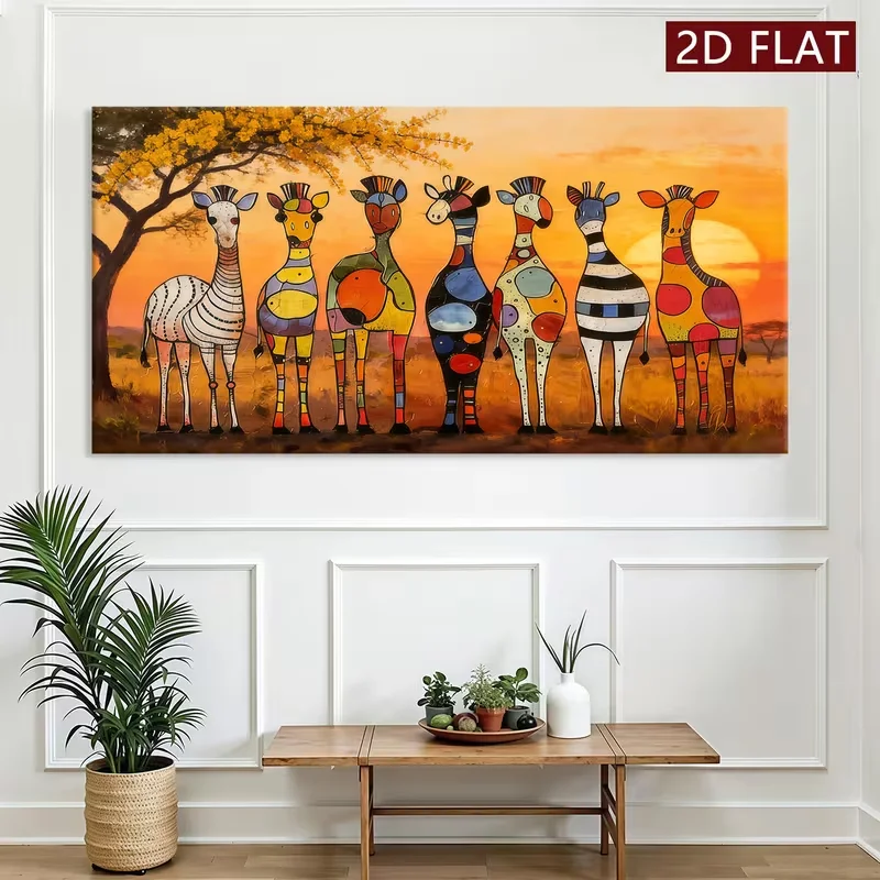 2D Flat, 2D Flat, 2D Flat 1pc No Framed Canvas | Colorful Abstract Giraffe Group Painting, Artwork Wall Painting, Valentine'