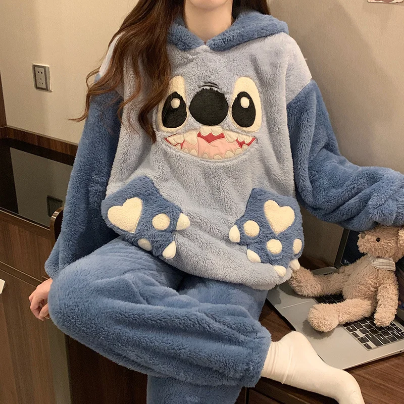 Lilo&stitch Hooded Pajama Girl Winter Student Disney Cartoon Stitch Plus Fleece Flannel Long-sleeved Homewear Set Birthday Gift