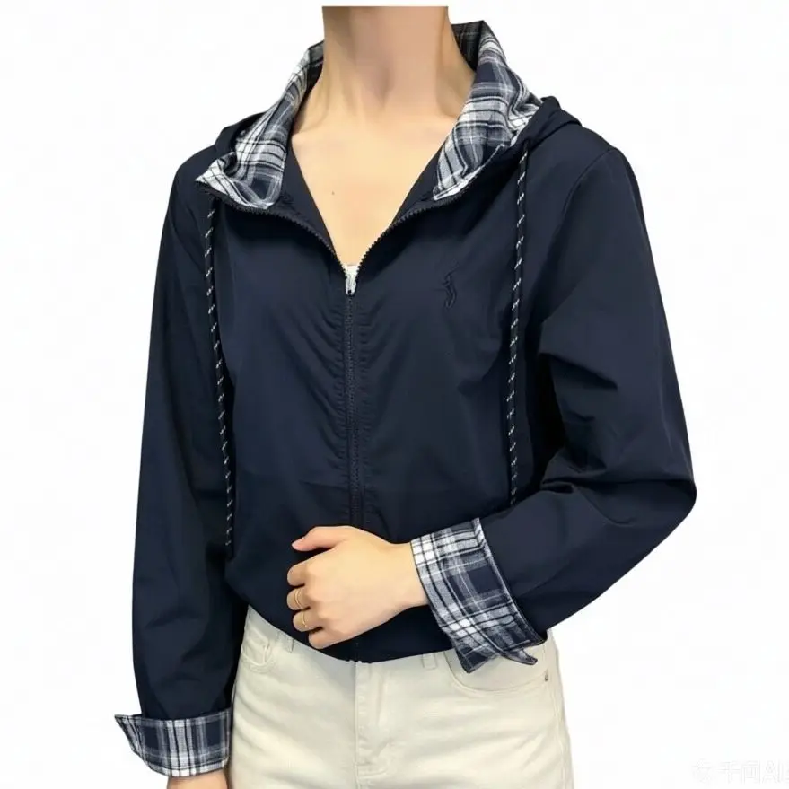 Fashion Plaid Coat Woman 2026 New Sunscreens Jacket Spring Summer Spliced Casual Outerwear Hooded Loose Overwear Feminine Blouse