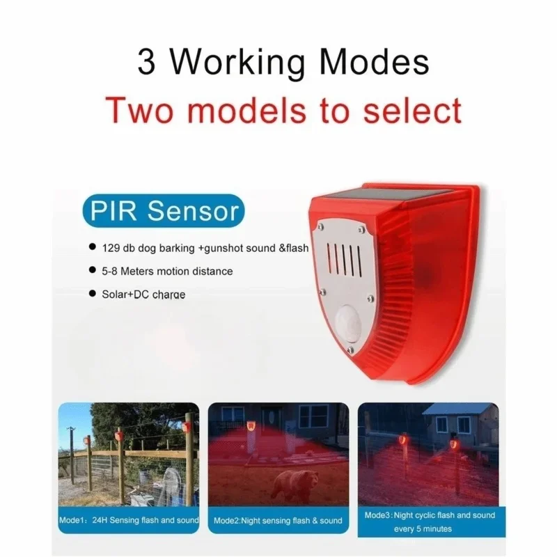 Waterproof Solar Alarm Solar-powered Multifunctional Solar Charging Alarm Portable Animal Deterrent Solar Lamps Garage Security