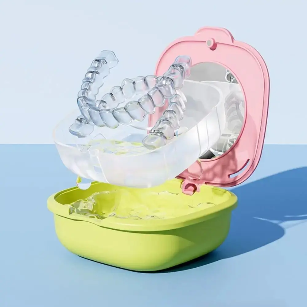 With Mirror Retainer Case Portable with Drain Basket Dental Denture Organizer Protective Breathable Mouth Guard Soaking Cup