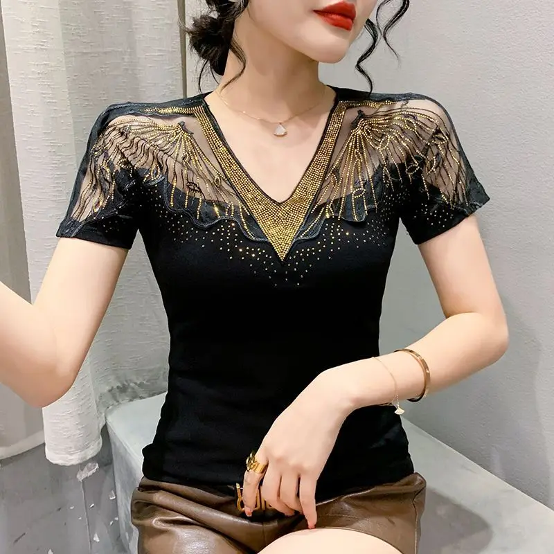 Women Summer Fashion Slim Sexy Hollow Out V-neck Short Sleeve T-Shirt Women Clothes Casual All-match Net Yarn Appear Thin Tops