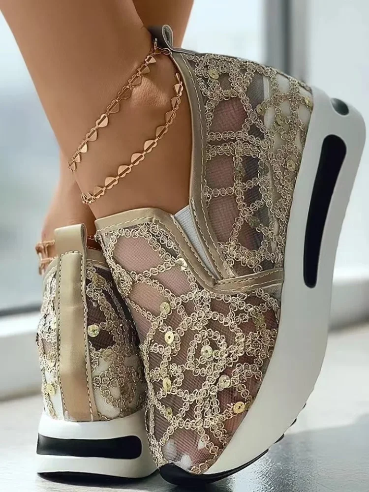 Baskets en Maille Brodée Florale pour Femme, Chaussures à Talons Confortables et Décontractées