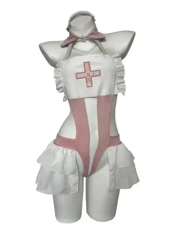 Pure Desire Stehkragen Schatz Krankenschwester Cosplay Sexy Mesh Gesäß Bodys Rückenfrei Tiefer V Ärmellose Bodys Elegant QHBG