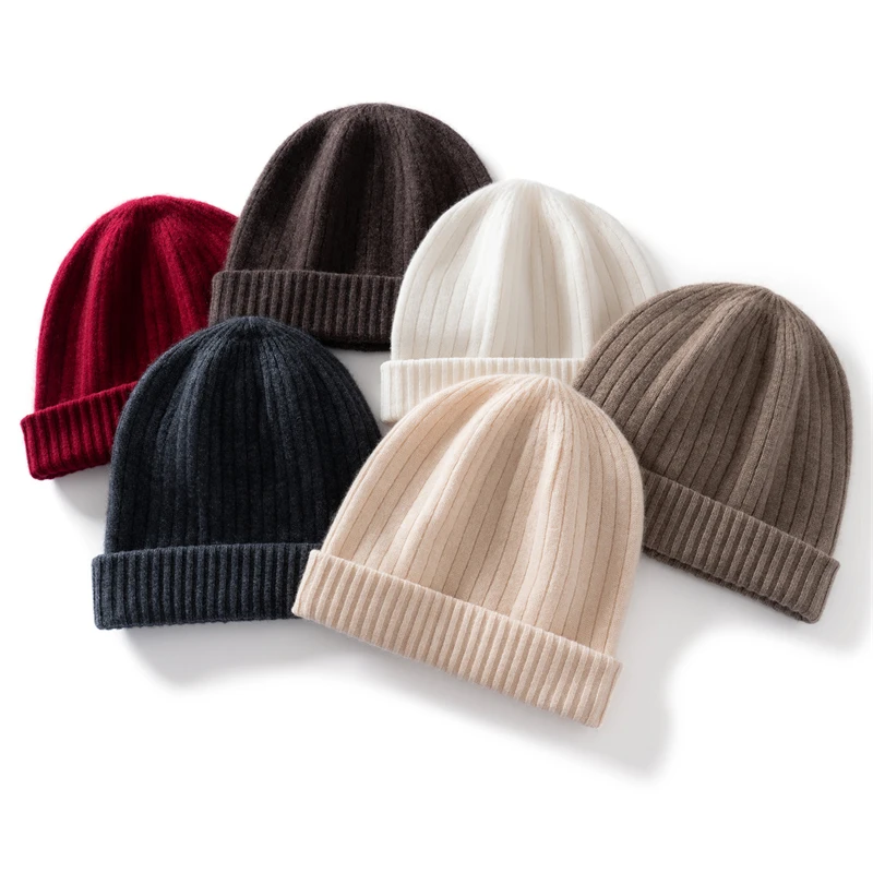 100% Cashmere Hat for Men and Women, Autumn and Winter Warmth, Ear Protection, Ribbed Knitted Hat, Head Wrap, Versatile Wool Hat