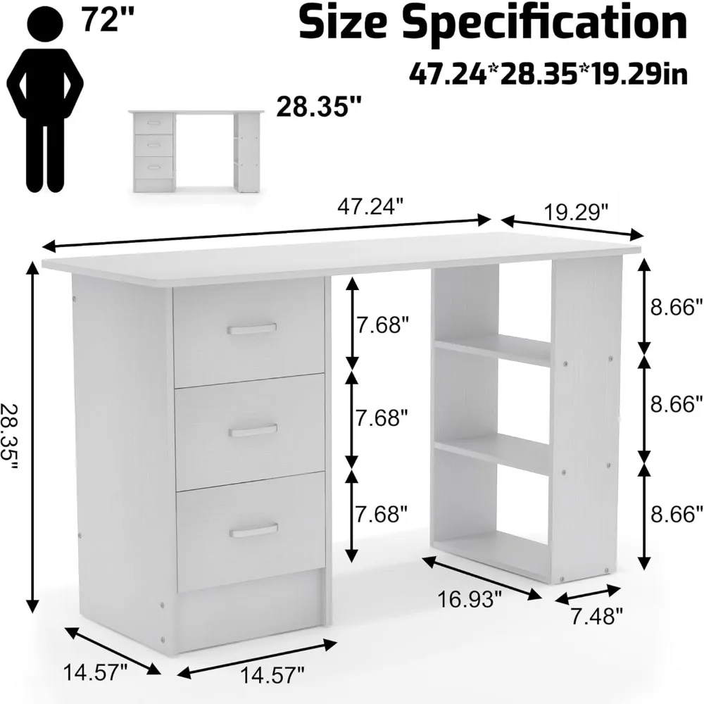 Computer Desk with Drawers,Standing Desk with Storage Racks,Writing Desk for Home Office or Bedroom (White)