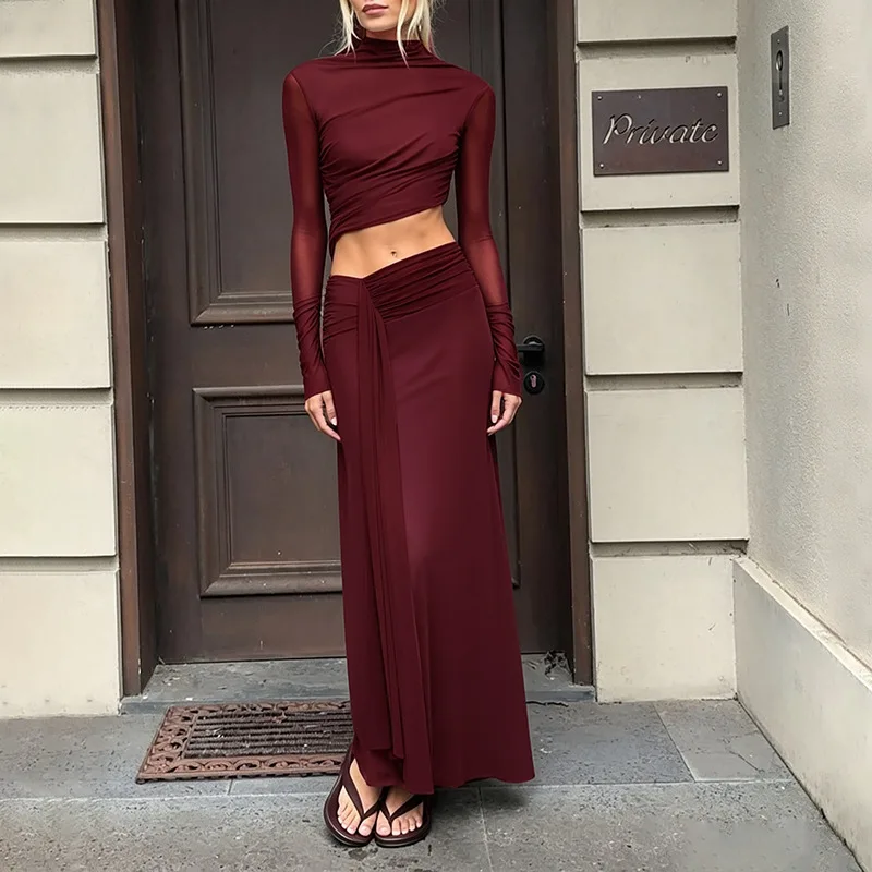 2026 New 2 Piece Maxi Skirt Set High Neck Long Sleeve Crop Top Crisscross Pleated Waist Split Long Skirt Outfit Luxury Clubwear