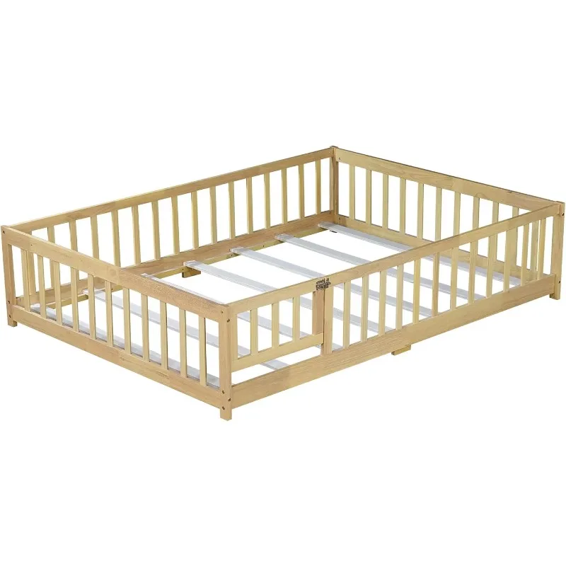 سرير أرضي كامل الحجم مع شرائح وسياج، سرير أرضية مونتيسوري مع باب ودرابزين أمان، سرير مونتيسوري بالحجم الكامل