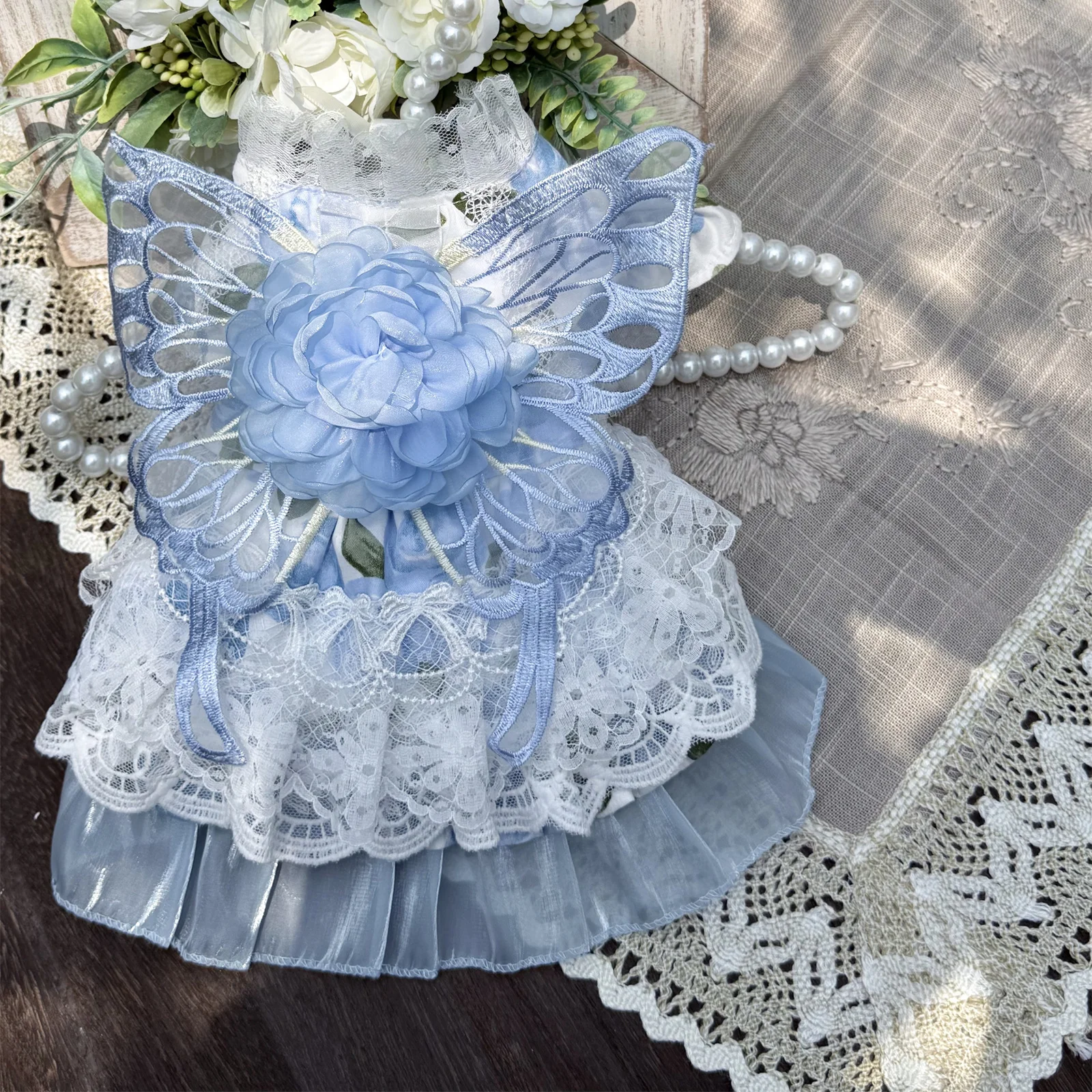 

New Blue Elf Puppy Dog Cat Clothes Luxury Handmade Wing Flower Fine Princess Dresses For Small Medium Dog Poodle Pet Clothes