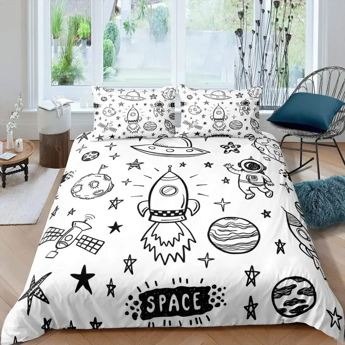 Rocket Duvet Cover Set King Size Spaceship Bedding Set Twin Microfiber Outer Space Galaxy Stars Planet Cartoon Style Quilt Cover